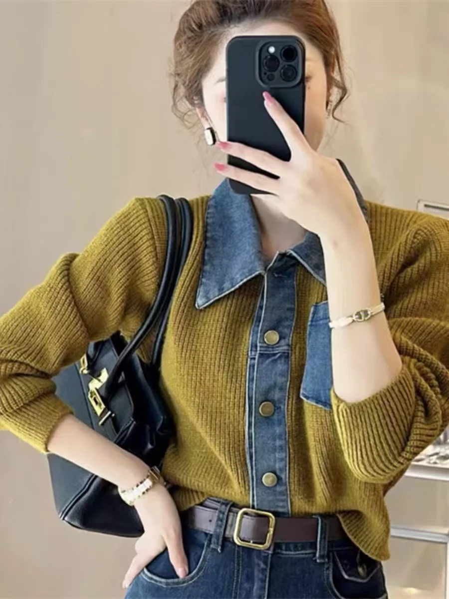 Chic Knitted Cardigan Sweater Jacket Women Autumn New Retro Denim Cropped Cardigan Streetwear Casual Y2k