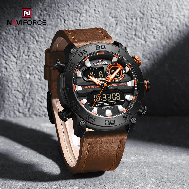 NAVIFORCE Multi-Function Luxury Brand Men Watches Sports Genuine Leather 3ATM Waterproof Day and Date Display Clocks Watch Male