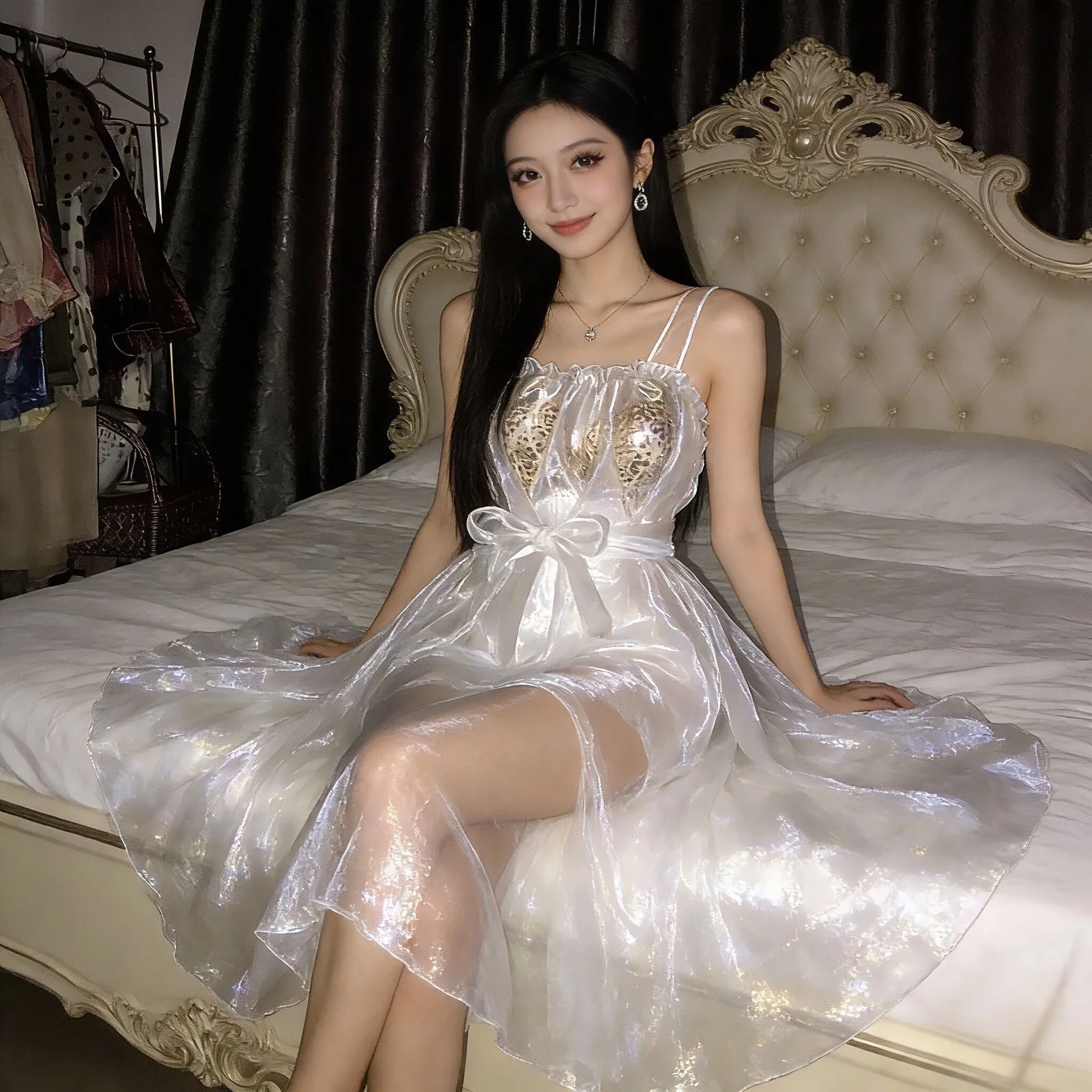 

Unisex Glossy Satin Gauze Voile Long Dress Loose Maxi Dress See Through Pullover Elegant Dresses Sleeping Wear