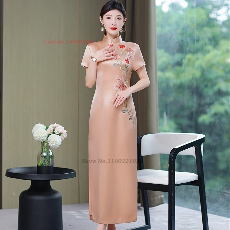 2025 orientalny ulepszony qipao tradycyjny narodowy haft w kwiaty suknia ślubna satynowa cheongsam elegancka suknia wieczorowa Vestido