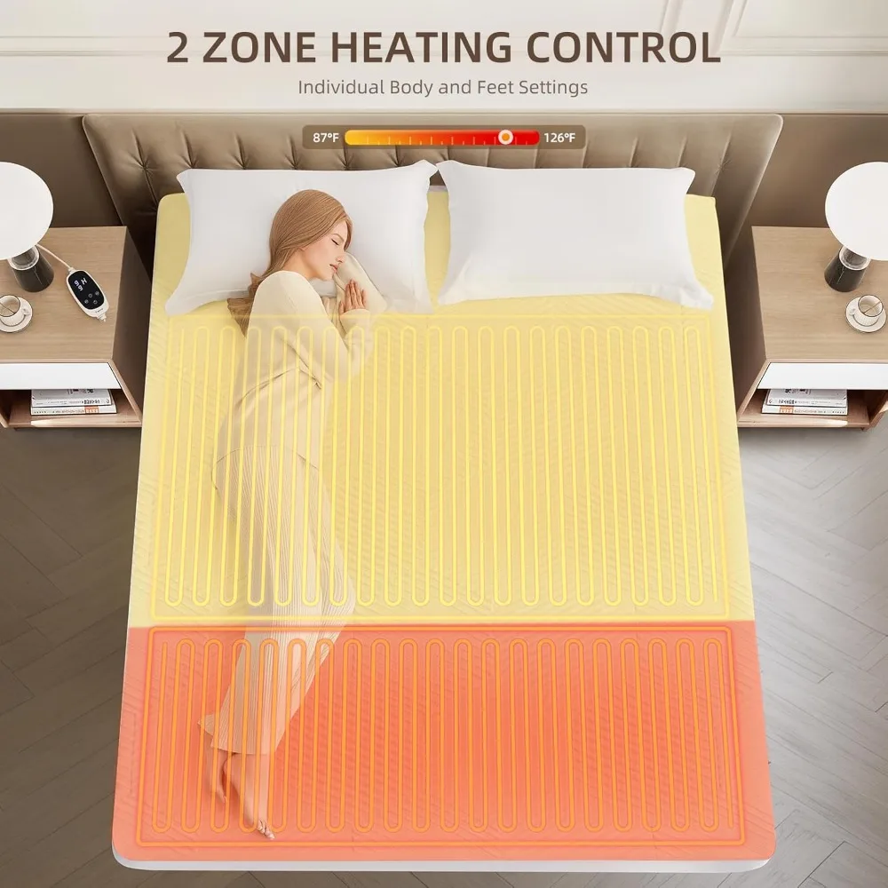 Multizone Waterproof Heated Mattress Pad,Individual Body & Feet Electric Mattress Bed Warmer 9 Heat Settings 1-12 Hours Auto Off