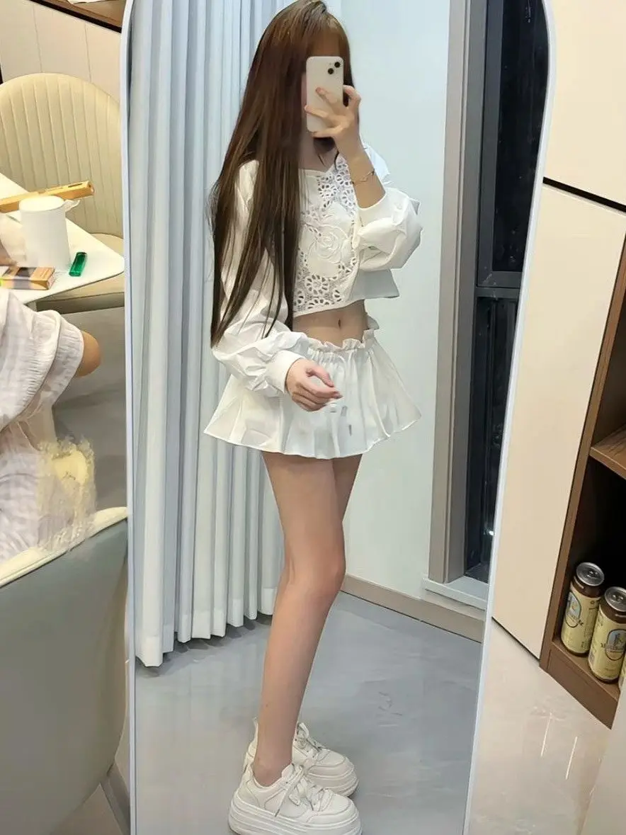 Korean Sweet Anti-Aging Early Autumn Short Tea Rose Hollow out Shirt Half Skirt Two-Piece Set Women's Fashion Ensemble