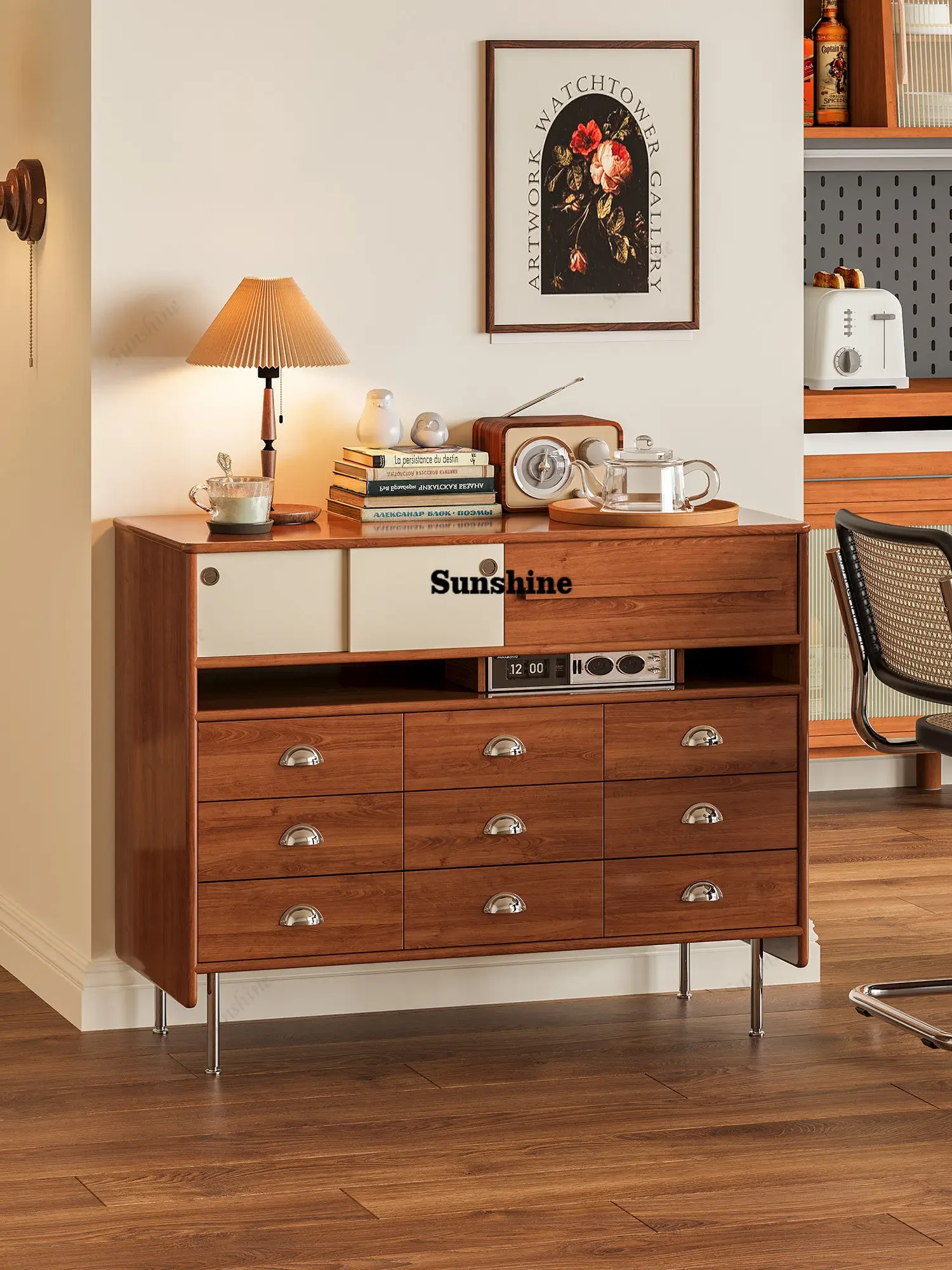 

Simple solid wood chest cabinet, living room locker, retro style home multi-side cabinet FT