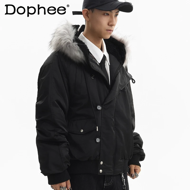 

Мужские парки в американском стиле с уличным дизайном на пуговицах, мужские парки с воротником из искусственного меха, новинка зимы 2025 года, удобные универсальные топы, однотонные парки