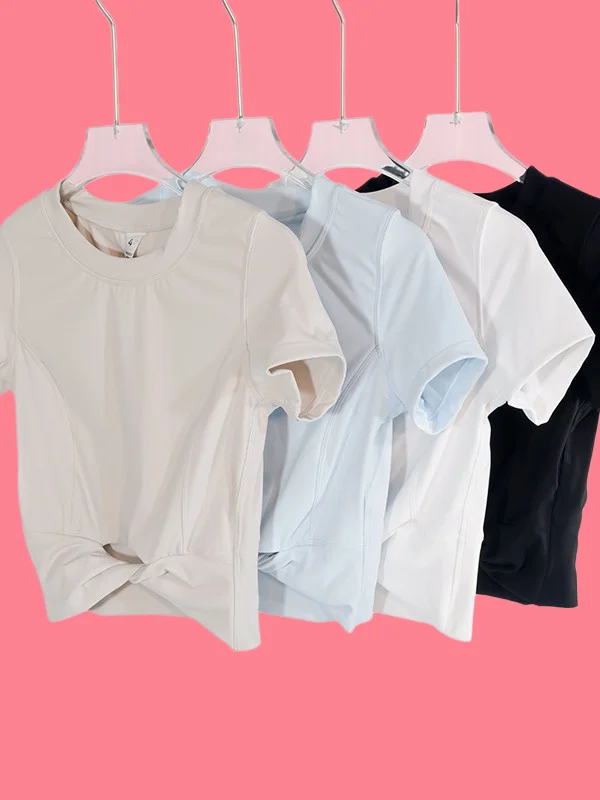 

Women Sports Breathable Quick Dry Cotton Yoga Workout Gym Sweat Wicking Short Sleeve Crop Top With Knot Design for Gym and Yoga