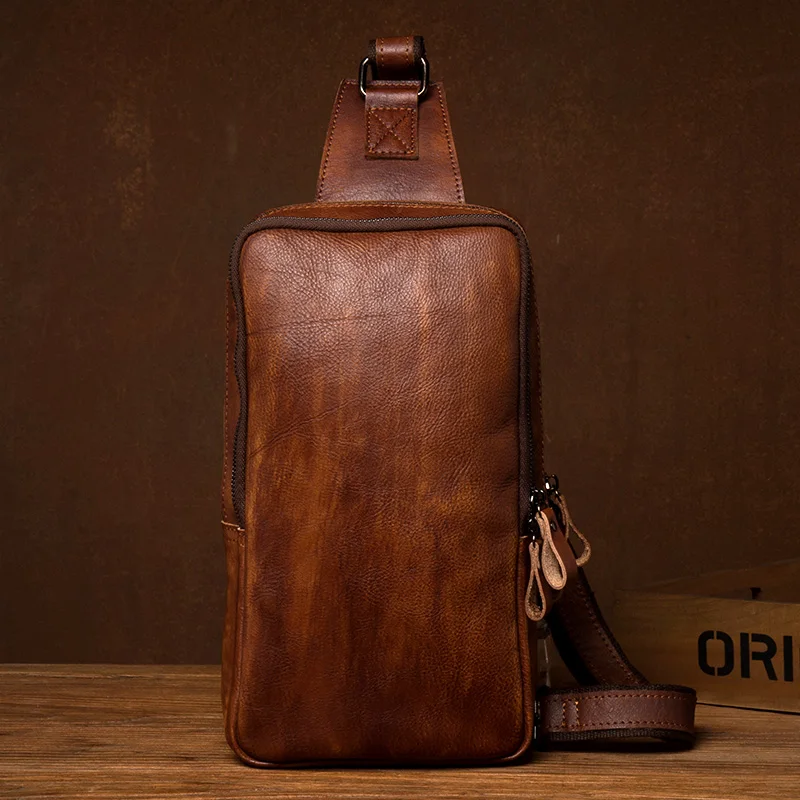 Handmade leather chest bag men's bag sports crossbody bag large-capacity shoulder bag leisure leather mobile phone bag