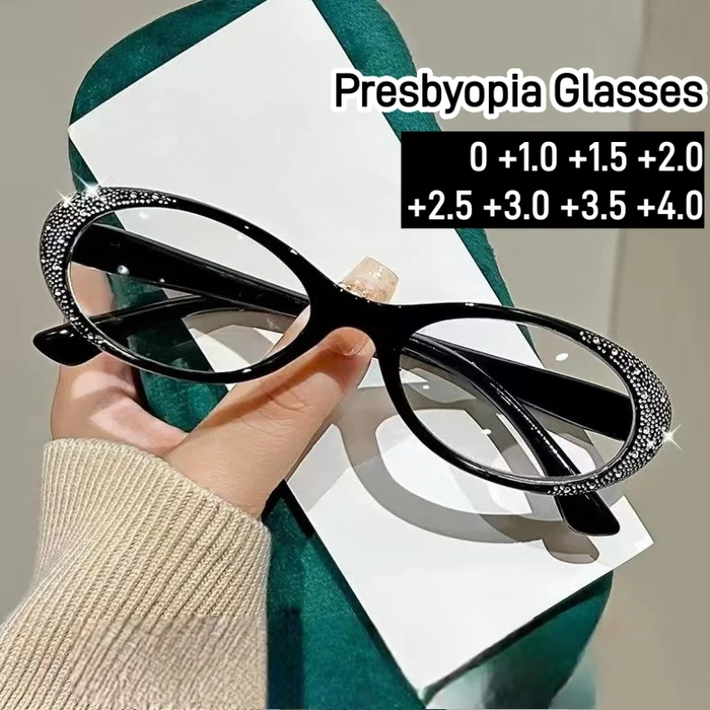 

2024 Luxury Elderly Anti Blue Light Women Glasses Diamond Studded Cat Eye Presbyopia Glasses Vintage Transparent Reading Glasses