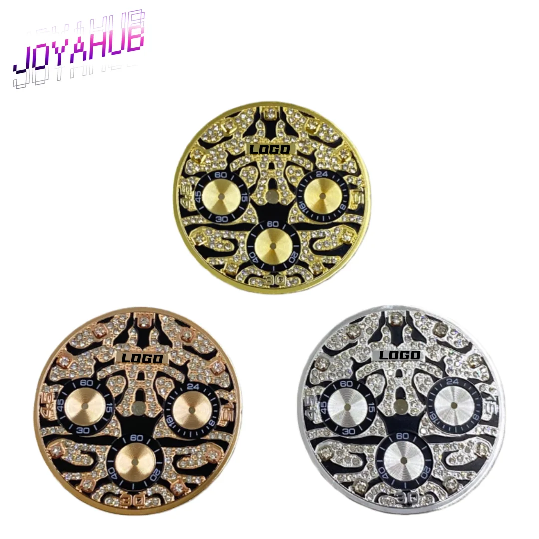 Customized LOGO Elegant Retro 29.5mm Rhinestone Nail Dial Multi Functional Timing Panda Dial for Mounting VK63 Quartz Movement
