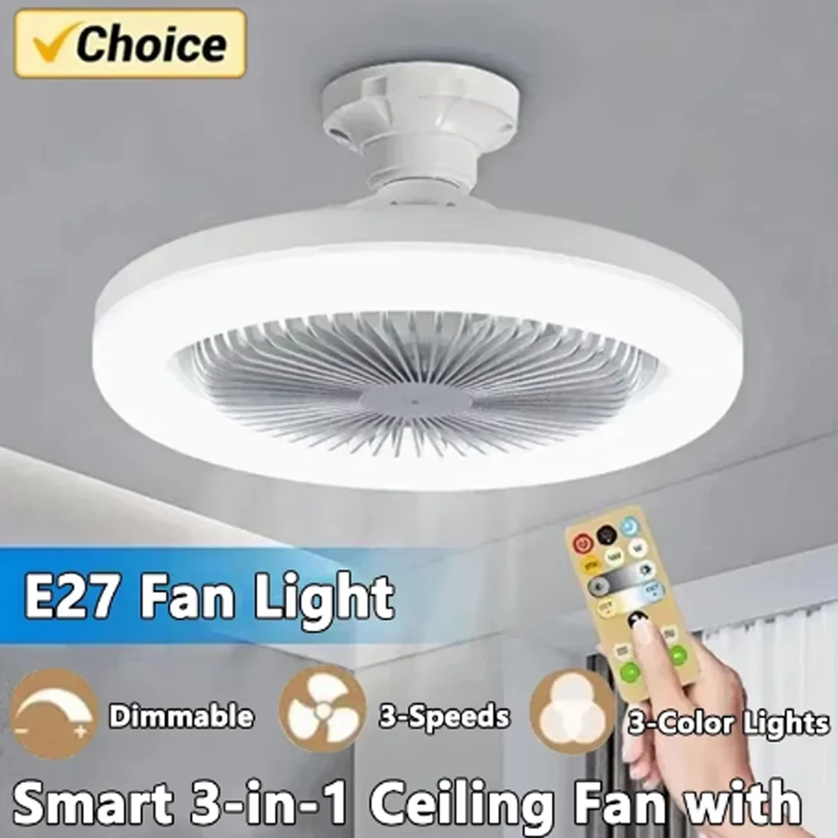 Ceiling fan with remote control and LED lights, E27,30w