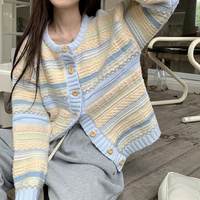 Early Autumn New Loose Striped Outerwear Versatile Knitted Sweater Thin Cardigan Jacket for Women