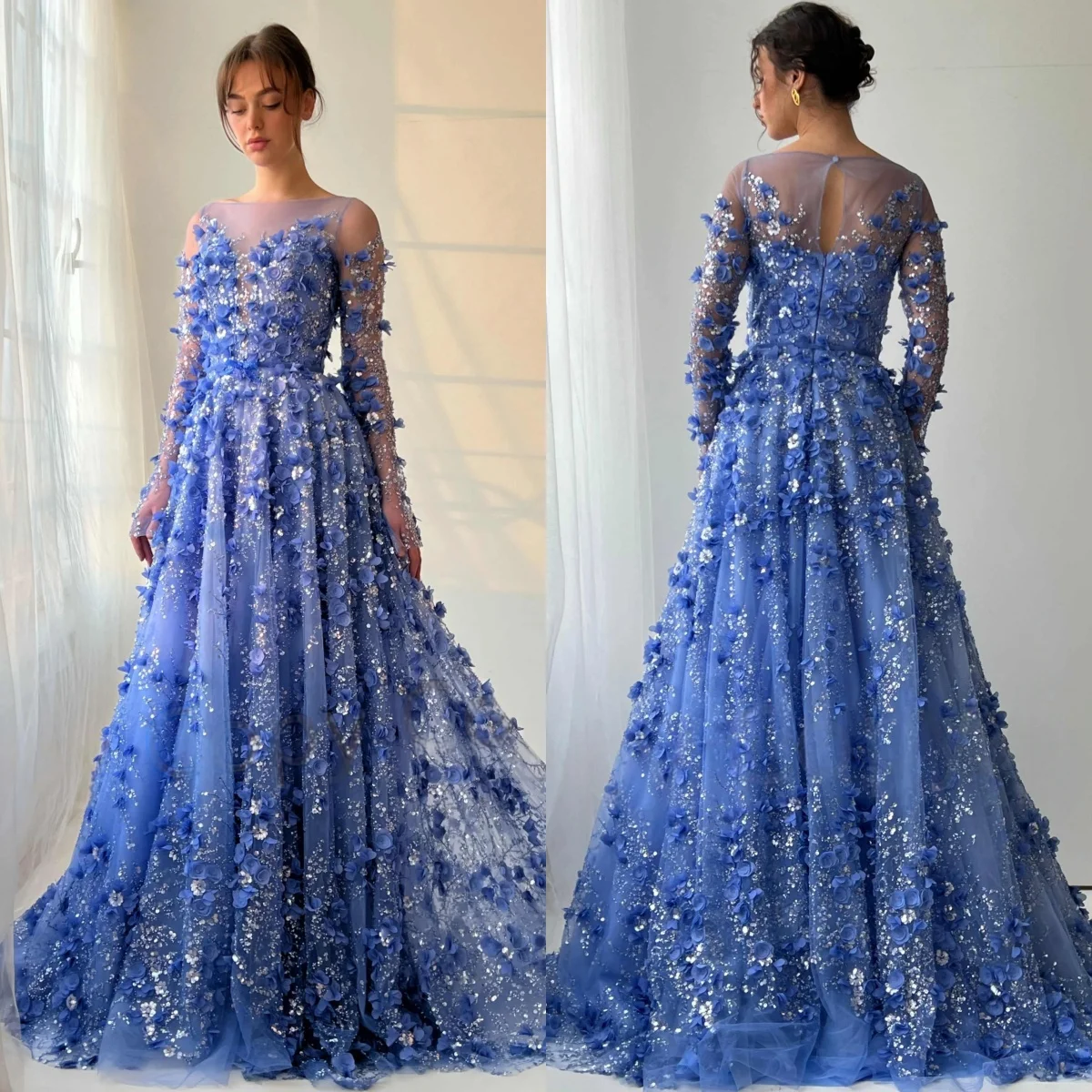 

Customized Modern Blue Tulle Evening Dress Formal Scoop Long Sleeves Flowers Prom Dress Zipper Back Bespoke Occasion Gowns