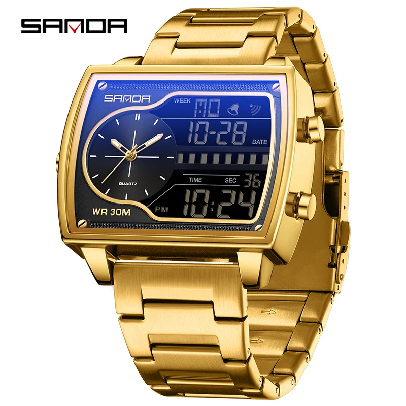 SANDA 6163 Trend Herren-Quarzuhr, Kalender, modisch, quadratisch, Countdown, Sport, wasserdicht, Dual-Display, digitale Uhren für Männer