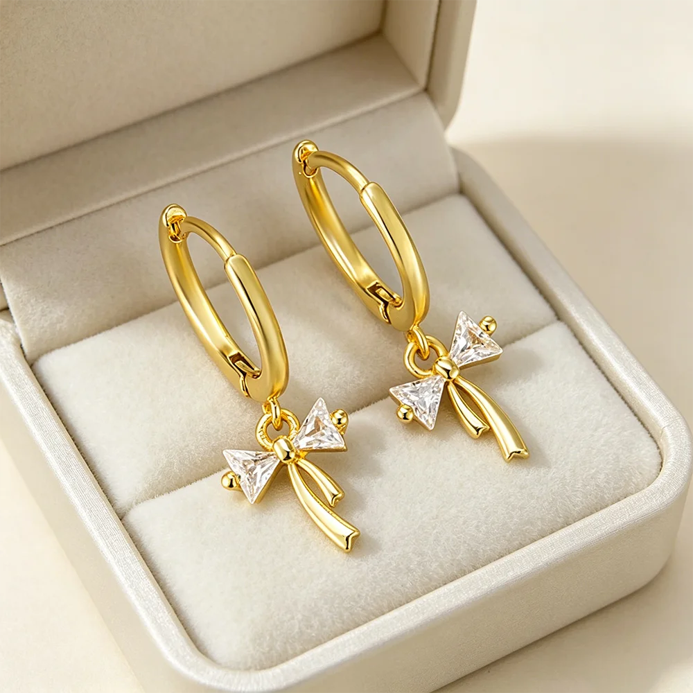 Retro 925 Stamp Silver Color 14k Gold Plated Zircon Bowknot Hoop Earrings For Women Light Luxury Fashion Jewelry
