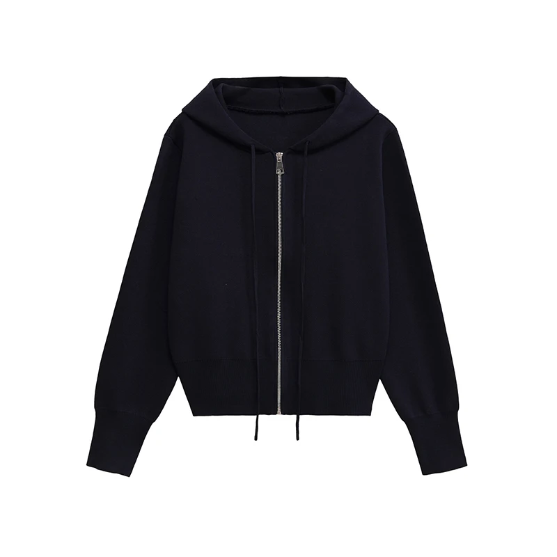 

YENKYE New Women Navy Blue Knit Hooded Cardigan Front Zipper Long Sleeve Casual Autumn Outerwear
