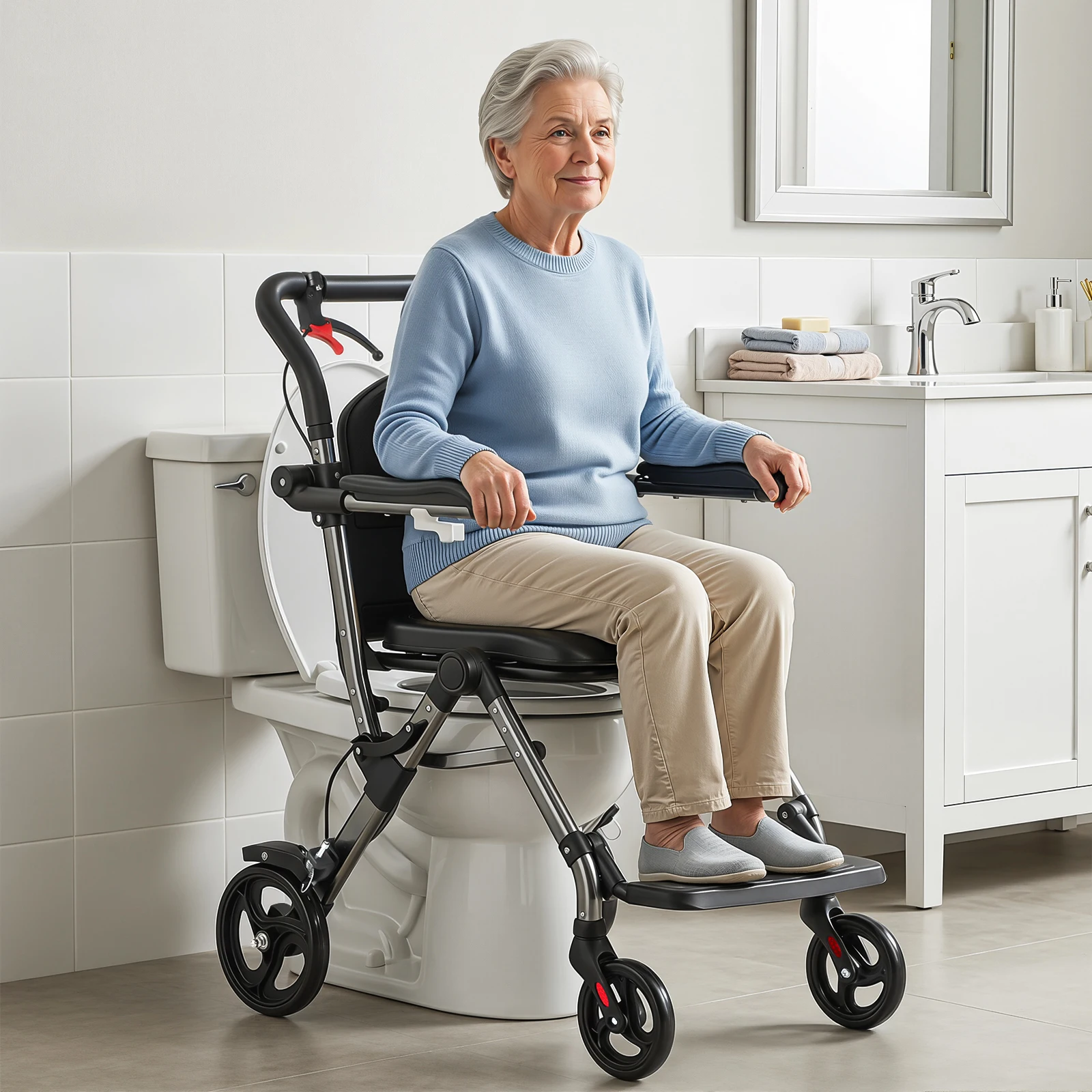 3-in-1 Bedside Commode, Shower Chair, Rolling Toilet Chair with Lockable Wheels & Detachable Bucket - Portable for Adult, Disabled, Elderly, Seniors