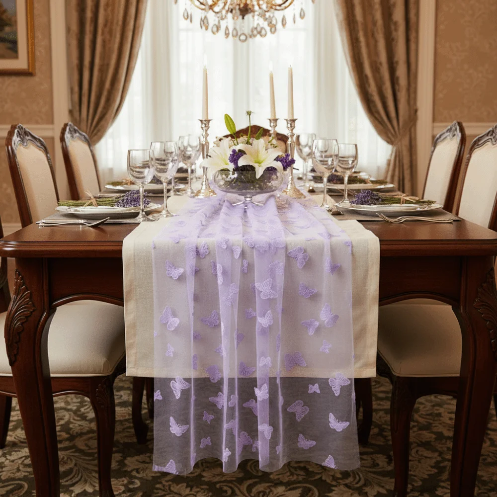 Dreamy Romantic Butterfly Mesh Table Runner Multi-color Decorative Gauze Tablecloth Semi-Transparent Table Cover Table Decor