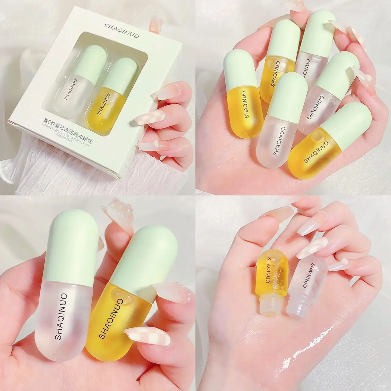 

SHAQINUO 2-Pack Lip Oil Set Vitamin E Capsules 1 For Day + 1 For Night Hydrates And Nourishes Dry Lips