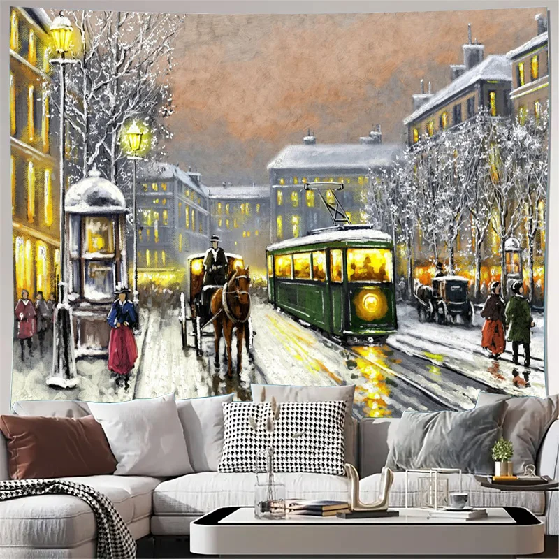 Large Decorative Wall Tapestry Vintage London Street Scene Wall Hanging Retro Carriage Tram Snowfall Winter City Art Home Decor