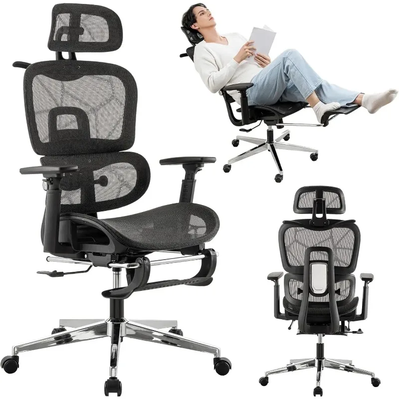 Sedia da ufficio ergonomica in rete, sedia da gioco in rete con schienale alto con supporto lombare, poggiatesta e braccioli regolabili per Home Office Des