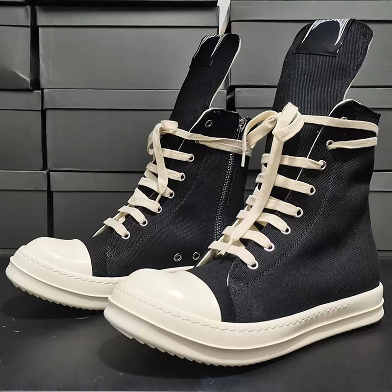 Zapatos de pareja de marca de lujo, zapatillas clásicas de lona negra de alta calidad, informales, para mujer, punta redonda, con cordones, cremalleras, tacón plano, botines para hombre
