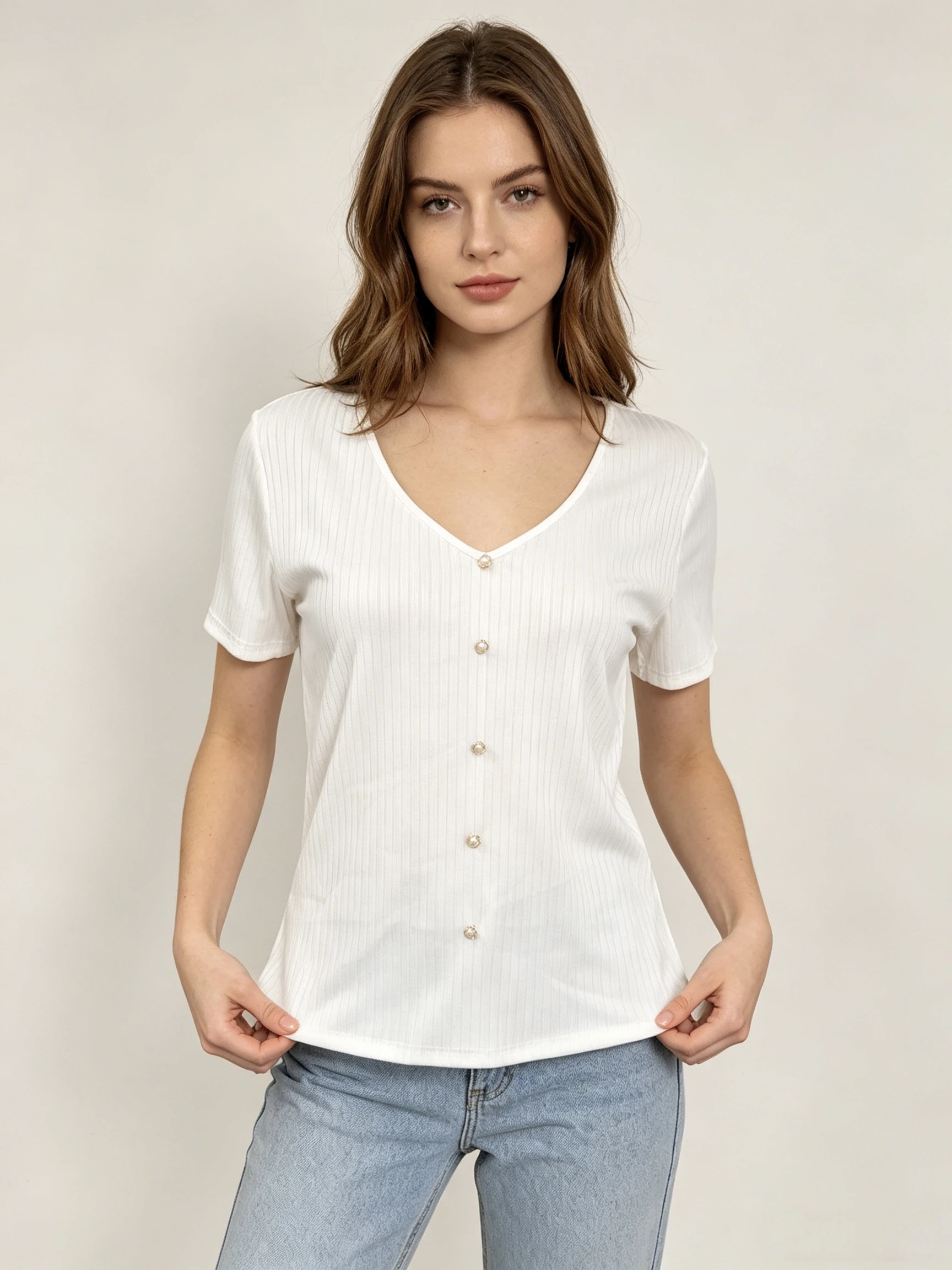 Women's Casual V-Neck T-Shirt, Single-Breasted Summer Style, Solid Color Short Sleeves