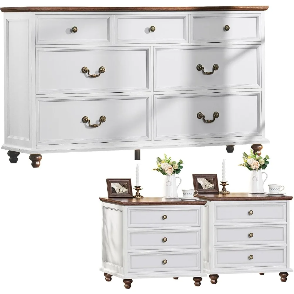 طقم خزانة ومنضدة للمزرعة مكون من 3 قطع، طقم منضدة مكون من 2 و7 أدراج لغرفة النوم، بعرض 54 بوصة و24 بوصة #1