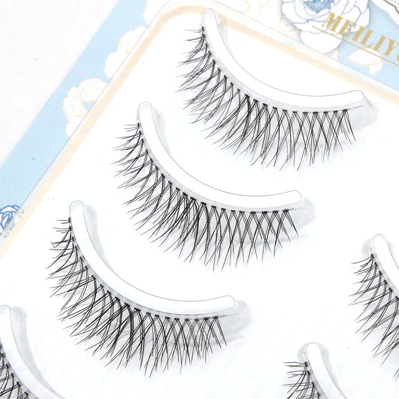 5 Pairs Women Japanese Korean False Eyelash Natural Cross Short Eyelash Transparent Stalk Simulation Eyelashes Daily Date Makeup