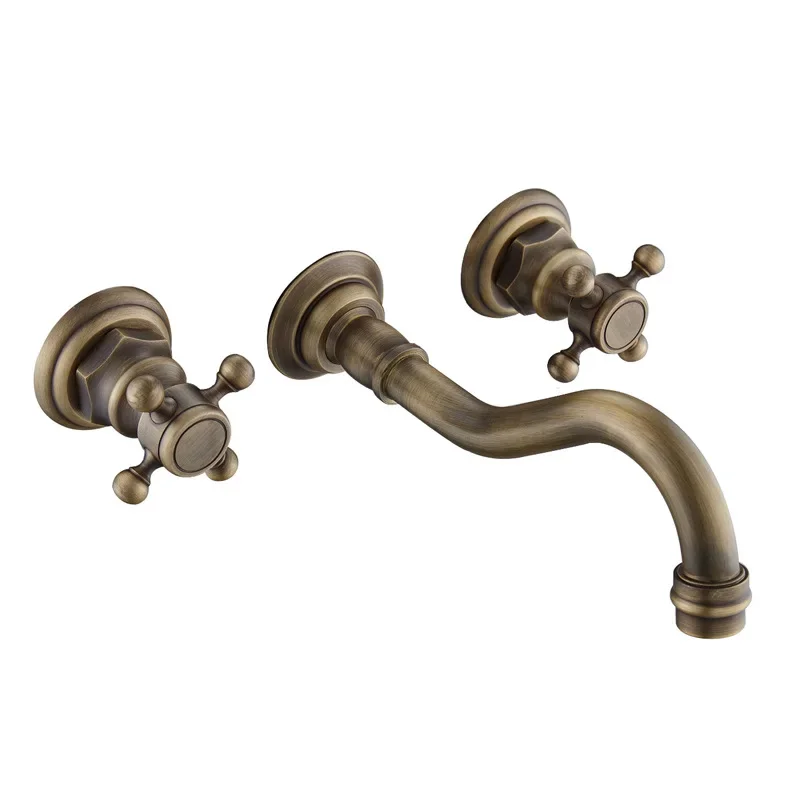 

Brass split double handle basin faucet three-piece set antique wall three-hole one-piece bathroom cabinet mixed faucet