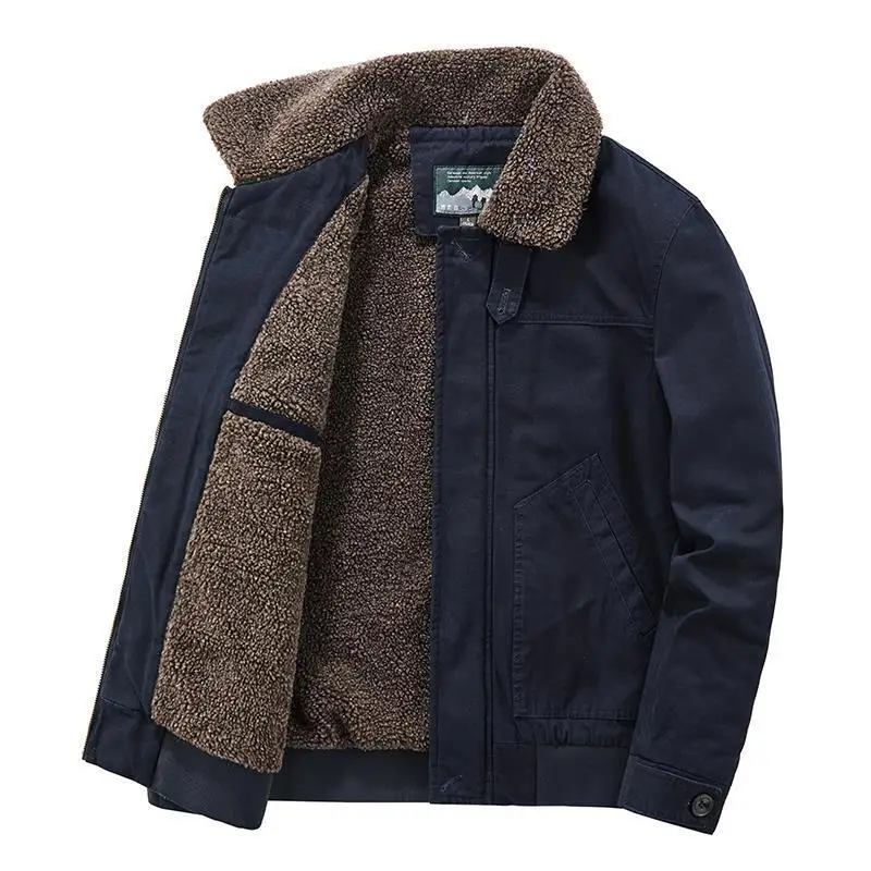 Jaqueta de lã de cordeiro quente masculina com pelúcia adicionada e espessada, Gola Workwear, Roupas de inverno