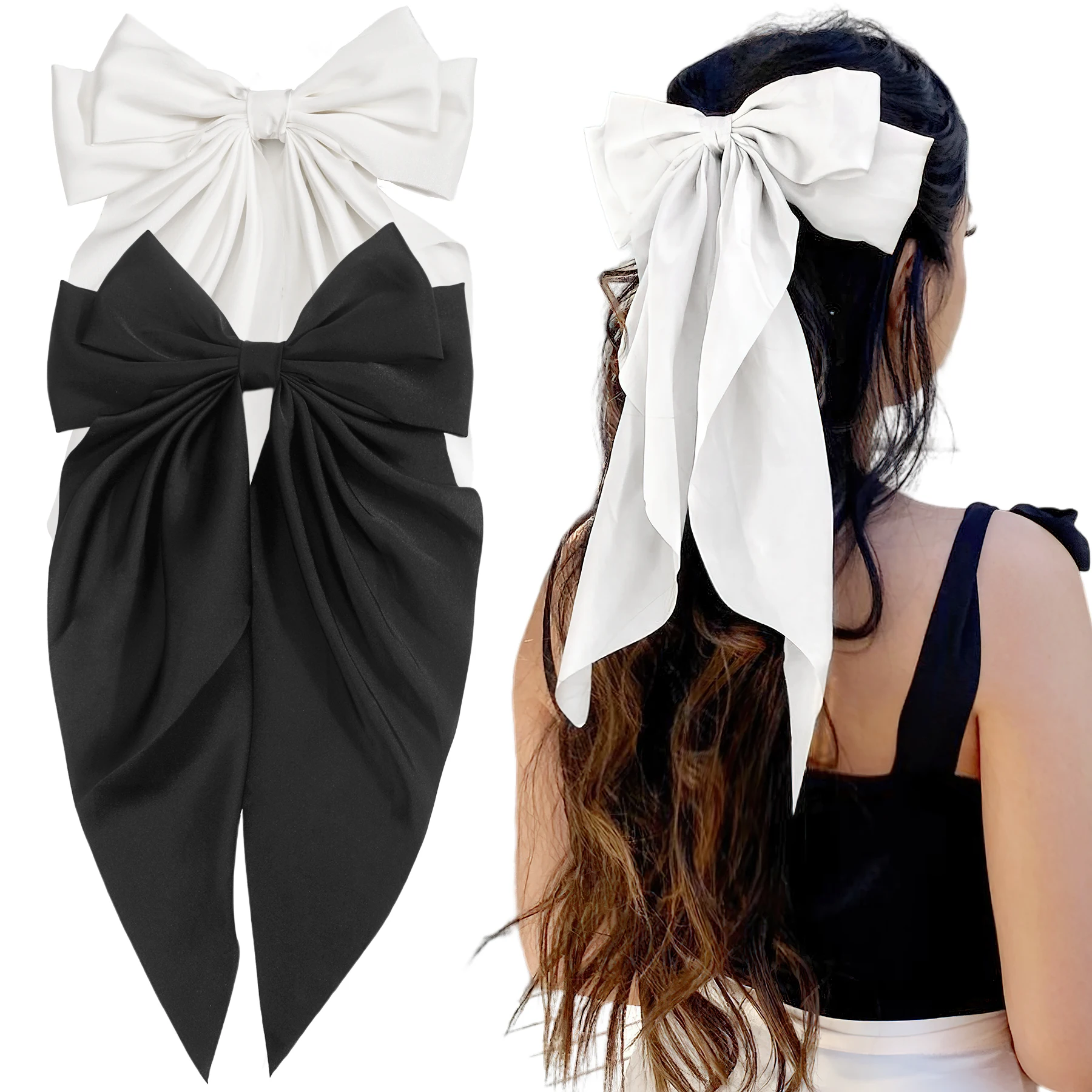 Elegant Large Bow Ribbon Hair Clip for Women Fashion Simple Solid Satin Spring Clip Ponytail Bow Hairpin Girls Hair Accessories