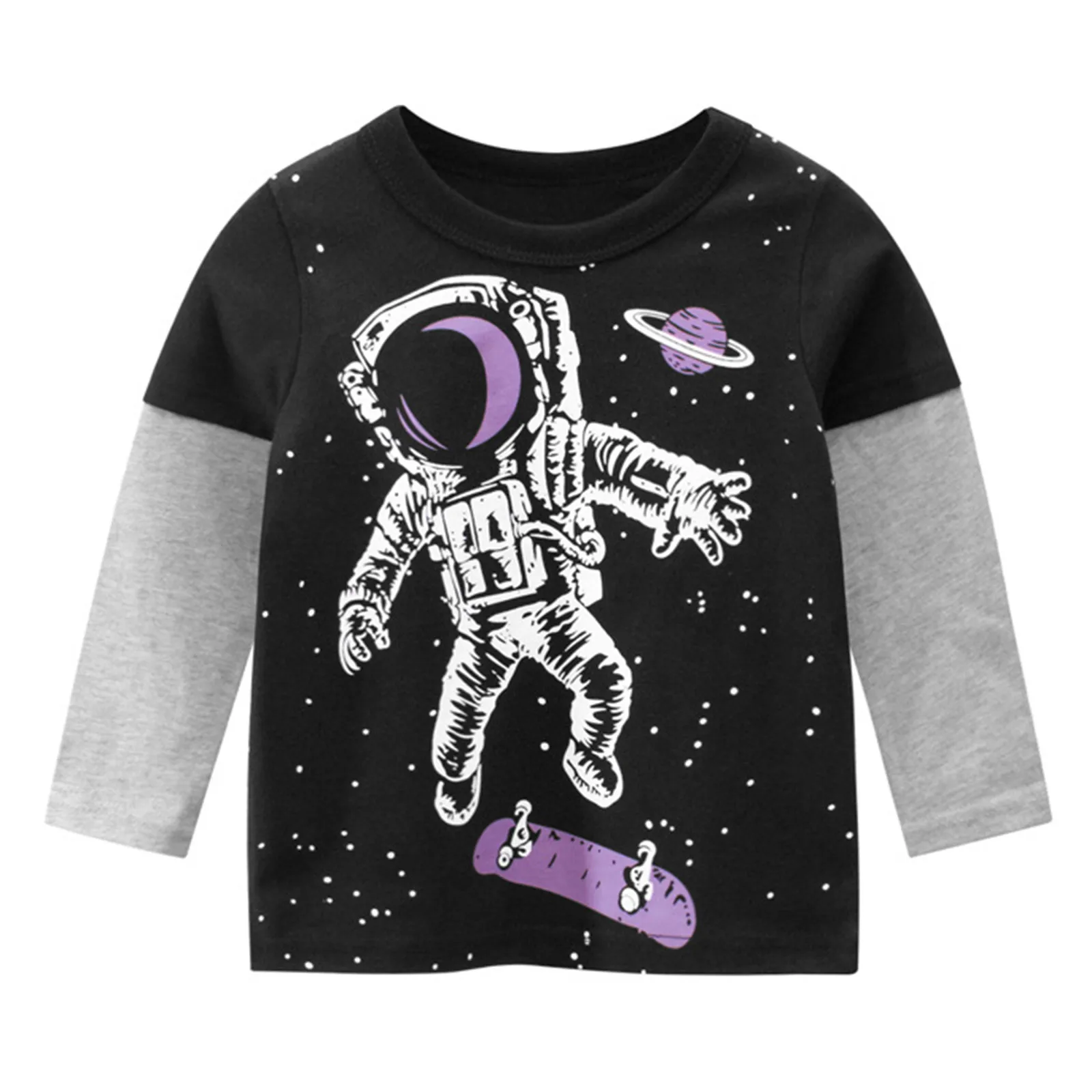 2024 Autumn Sweatshirt Boys Girls Cartoon Astronaut T-shirts Children's Long Sleeve Rocket Cotton Tops Child Space Kids Clothes