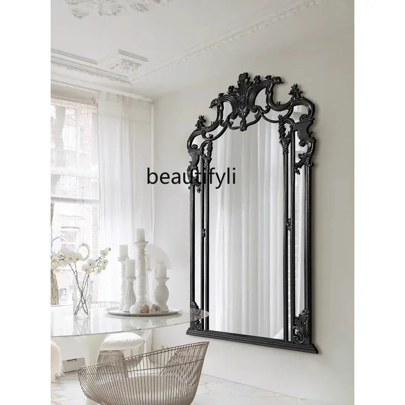 cqyFrench retro full-length mirror European wall-mounted full-length mirror Luxury solid wood carving flower floor