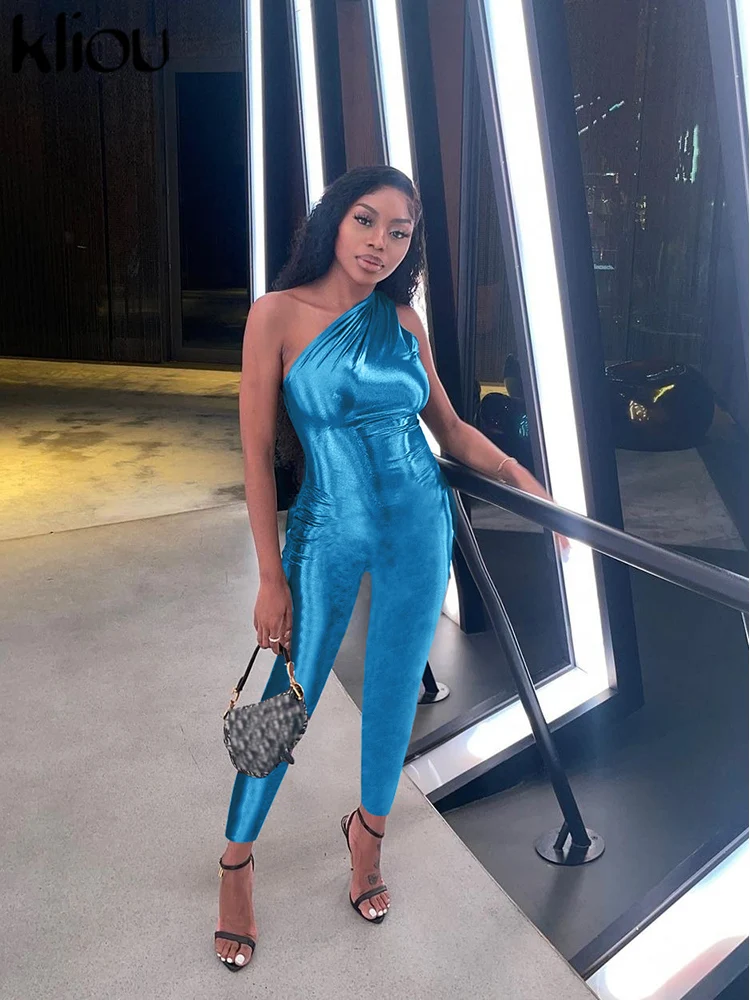 Kliou Shiny Hipster Jumpsuits Women Sexy Solid Inclinded Shoulder Sleeveless Silky Slim One Piece Outfit Lady Streetwear Overall