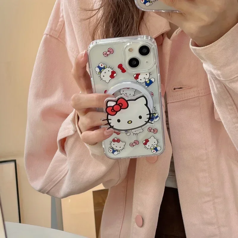 Lindo Sanrio Hello Kitty soporte magnético Magsafe carga inalámbrica funda de teléfono para iPhone 16 Pro 15 14 13 12 11 Pro Max cubierta dura