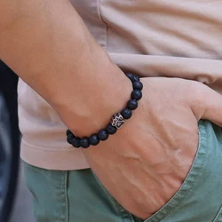 Simple Style Natural Stone Beaded Bracelet With Stainless Steel French Bulldog Paw For Men Vintage Tiger Eyes Lava Rock Braslet