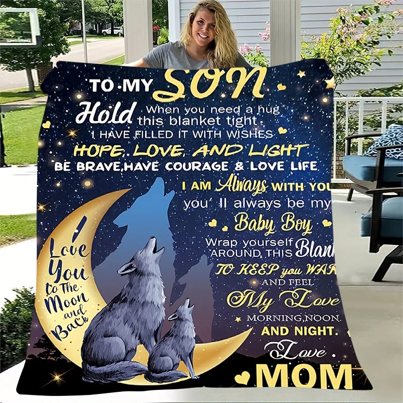 بطانية مريحة من الصوف الفانيلا للابن من أمي - "إلى ابني" عواء الذئب في تصميم القمر، ناعمة ودافئة، مثالية لجميع المواسم