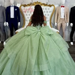 Sage Green Sparkly Quinceanera Dress With Big Bow Formal Birthday Party Prom Sleeves Off-Shoulder  Vestidos De 15 Anos Corset