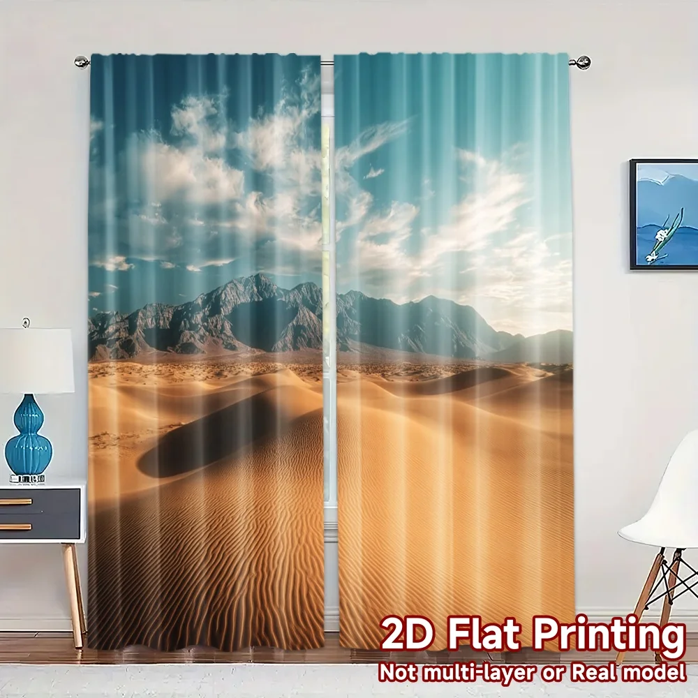 2pcs, 2D FLAT PRINTING Curtains (Without Rod) Desert Horizon Popular Curtains Digital Printed Durable 100% Polyester Fabric