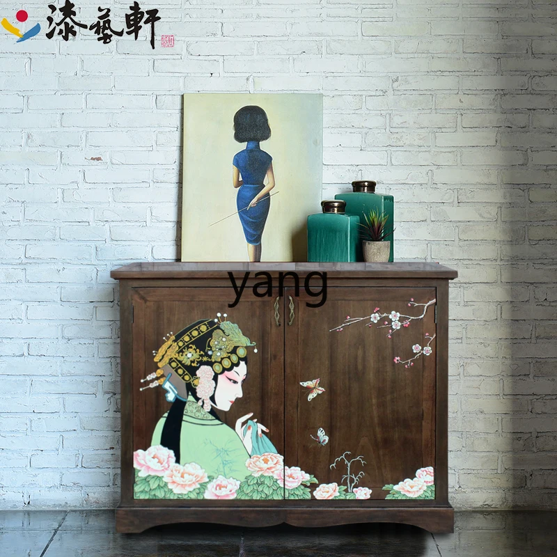 L'm'm New Chinese Style Camphorwood Solid Wood Shoe Cabinet Hand Painted Zen Hua Dan Fresh Hallway Hall Cabinet