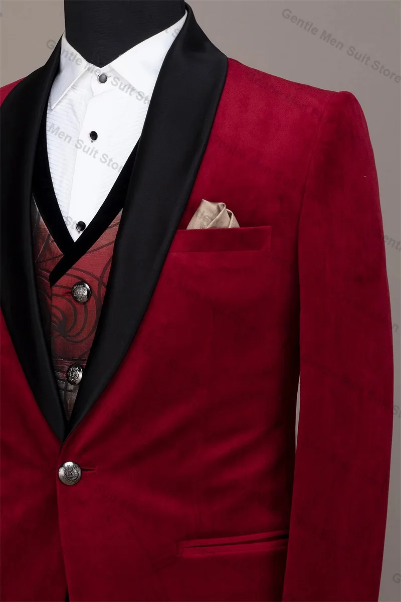 Conjunto de terno de veludo vermelho masculino, blazer e calça de algodão, jaqueta personalizada, baile de formatura masculino, noivo, casaco smoking de casamento, 2 peças