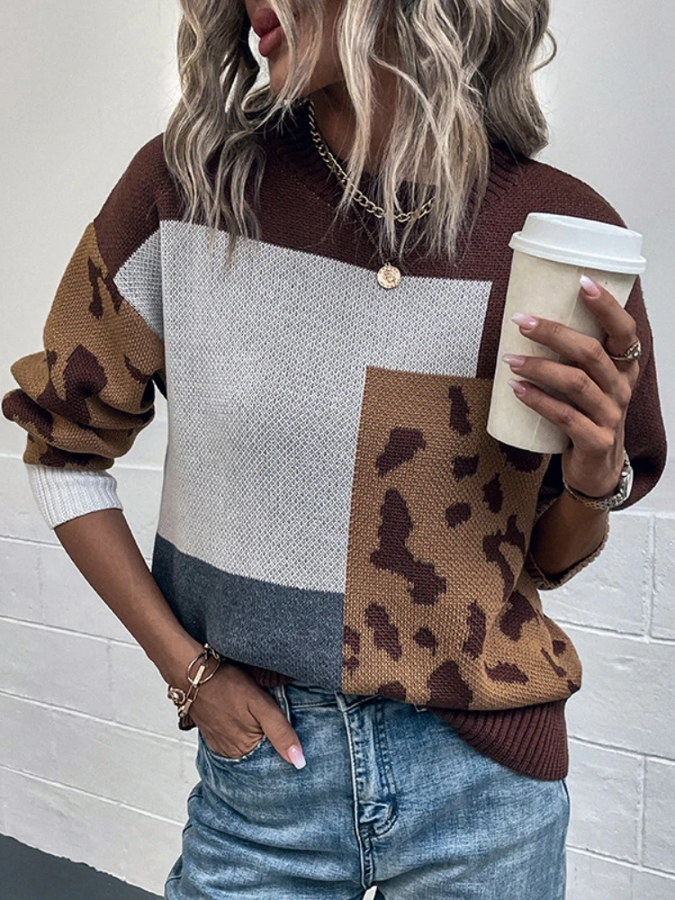 

2023 Women Leopard Sweaters Pullovers O-Neck Long Sleeve Vintage Knitted Color-block Sweater Autumn Winter Tricot Pull Jumper