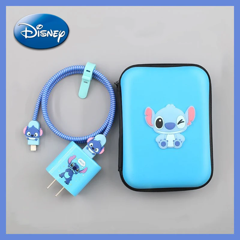 Disney Stitch Data Cable Protective Cover Storage Bag Cartoon Figures 1m Usb Line Winder Iphone 20w Charger Head Protection Case