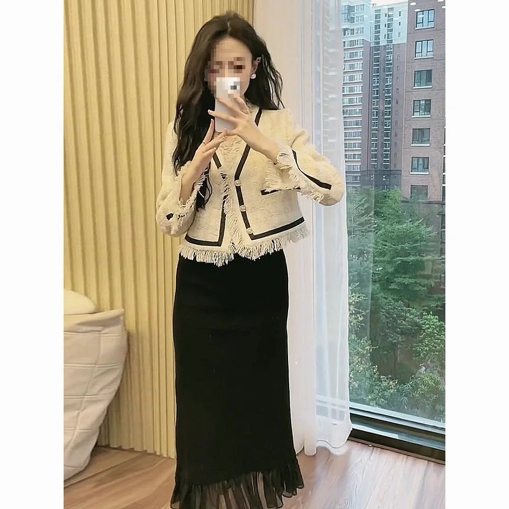 

Tweed Jacket Jeweled Button Womens Autumn Woven Slim-Fitting Vintage Tailored Silhouette Simplicity Professional Designed Gentle