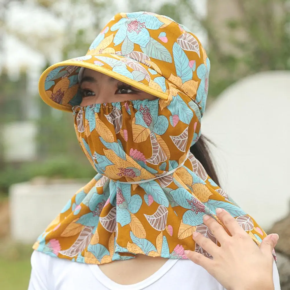 Women Anti-UV Sun Hat Beach Foldable Sunscreen Floral Print Caps Neck Face Care Wide Brim Hat New Summer Outdoor Riding
