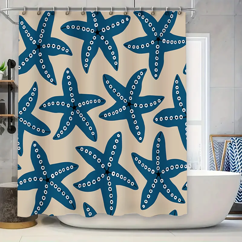 

Stylish Blue Starfish Pattern Shower Curtain Set for Bathrooms Decor Modern Water Repellent Home Linen Accessories in Beige and