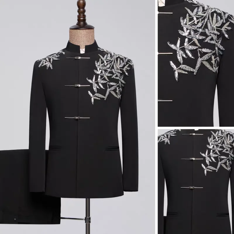 

Мужской свадебный костюм в китайском стиле, традиционный пиджак с вышивкой, брюки, комплект из 2 предметов, облегающий костюм для жениха, банкета, китайской костюм-туника