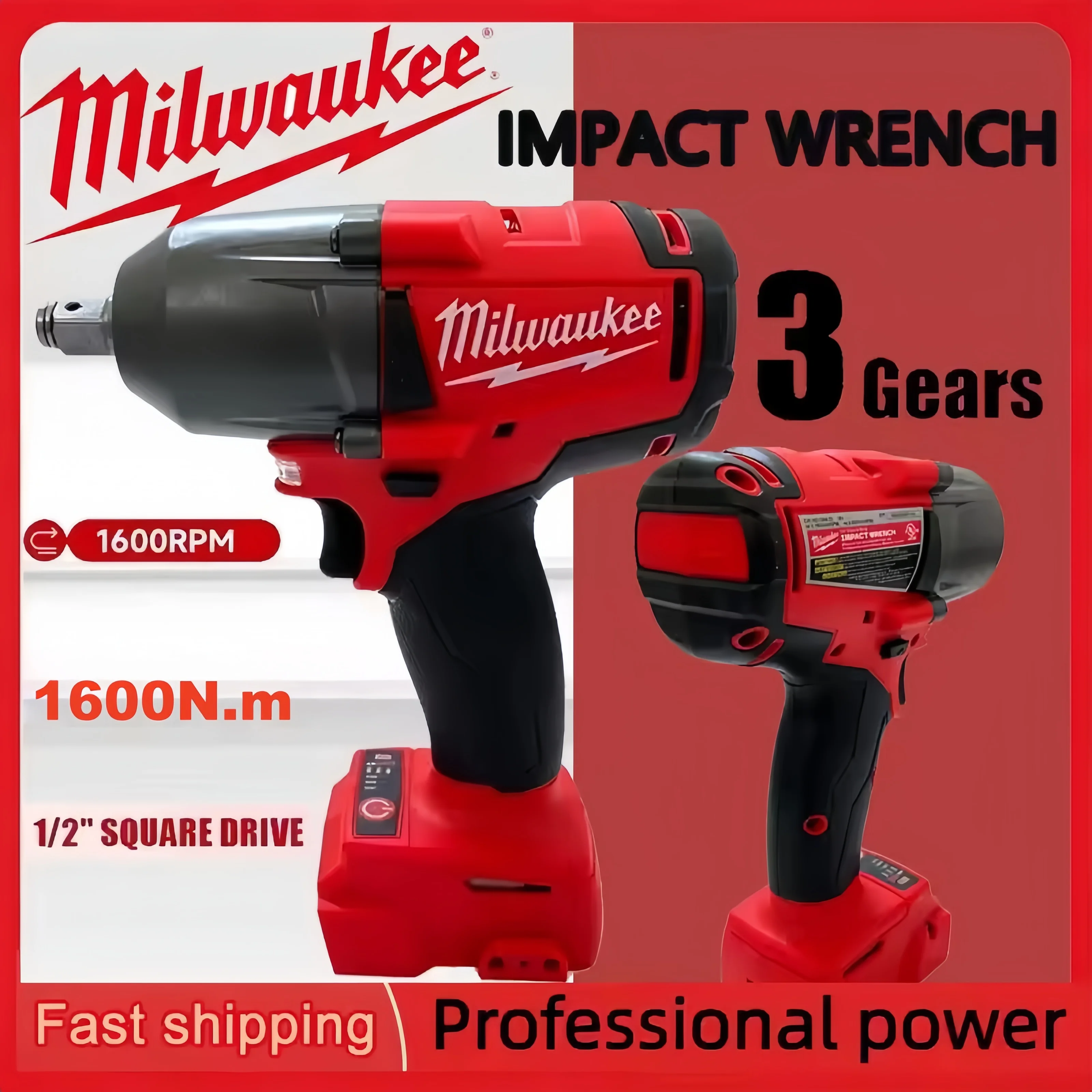 

Milwaukee Tool 1600N.M Brushless Impact Wrench Cordless Electric Wrench 1/2 in Screwdriver Power Tool For Milwaukee 18V Battery