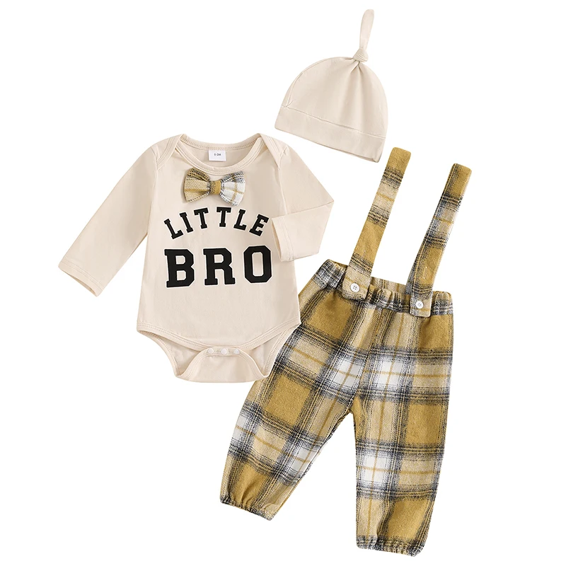 Baby Boys 2Pcs Fall Outfits Long Sleeve Bowtie Romper Plaid Suspender Pants Hat Set Newborn Clothes