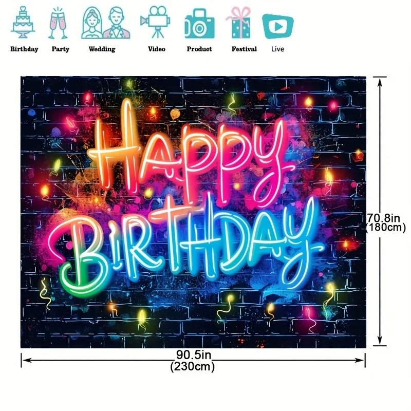 Glow Happy Birthday Background Neon glow splashed graffiti on a brick wall decorated in the dark party