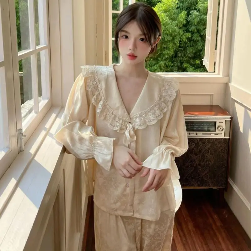 

Новая весенняя одежда для сна для женщин с элитным ощущением, тонкий дизайн из ледяного шелка и жаккарда в сказочном стиле, брюки с длинными рукавами, домашняя одежда